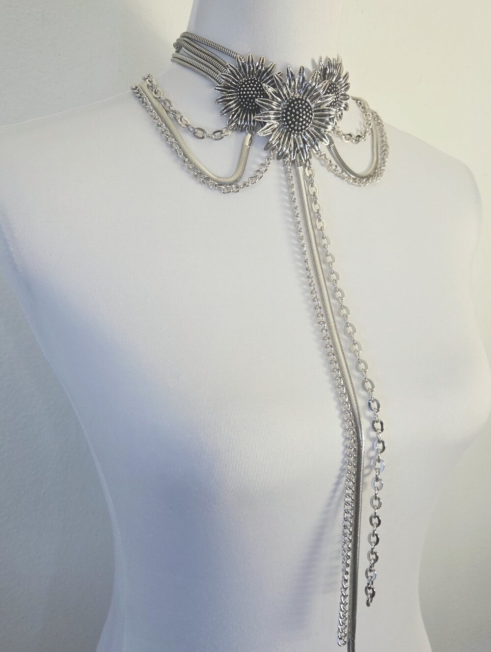 Silver Floral Statement Lariat Necklace - Picture 6 of 7